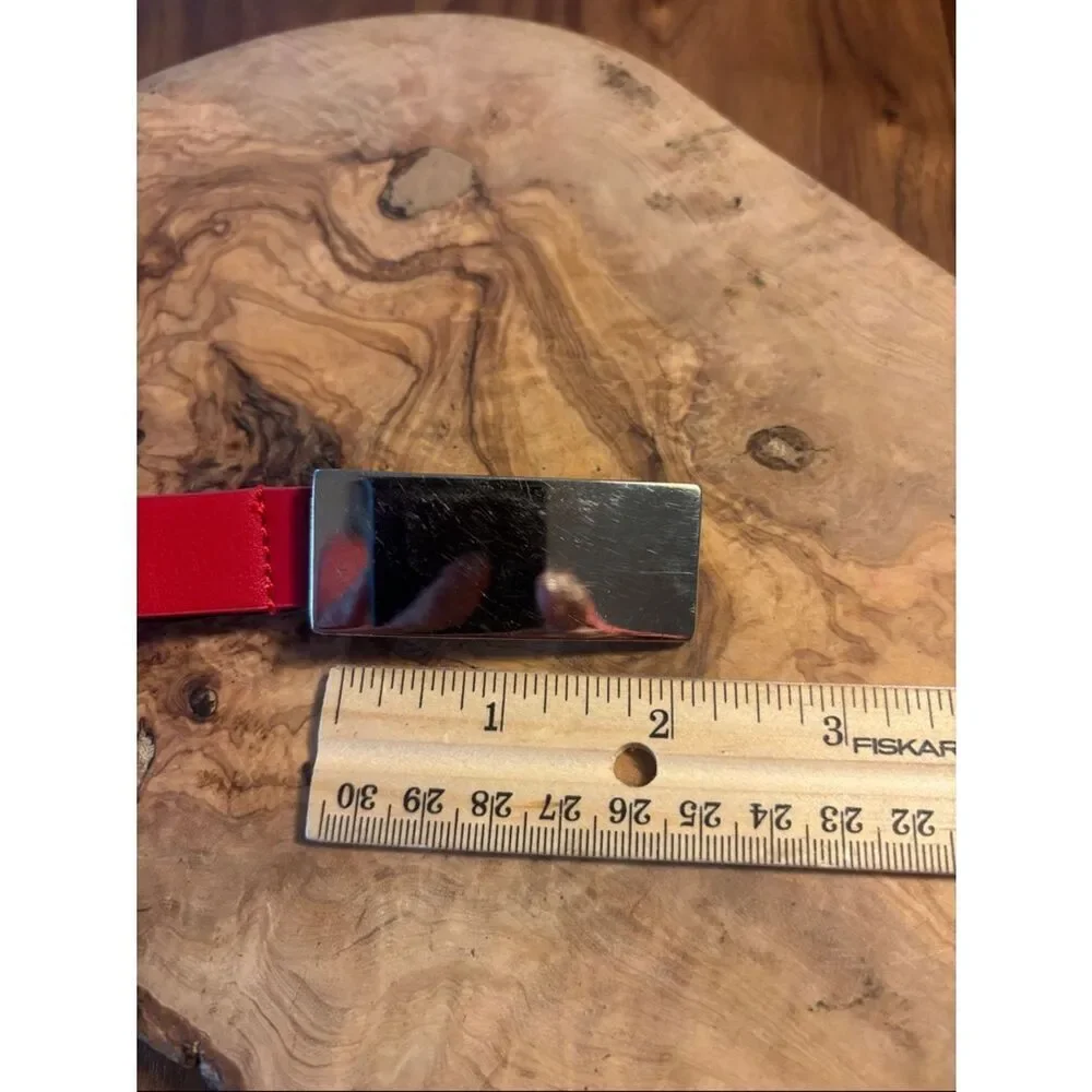 Woolrich Red Slim Leather Waist Belt with Silver Rectangle Metal Buckle M/L